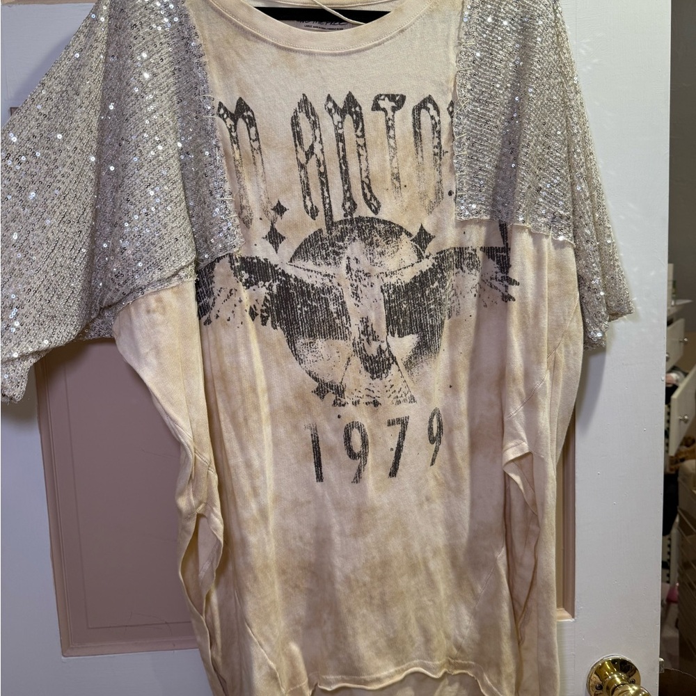Free People Cream and Silver Sequin Top